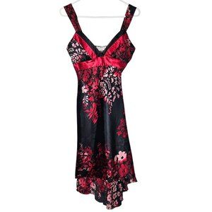 Vintage Y2K 90s La Belle Red Black Floral Satin Sleeveless Dress Flowy Hemline 5